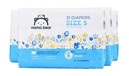 This is an image of a 4 pack size 5 baby diaper. 
