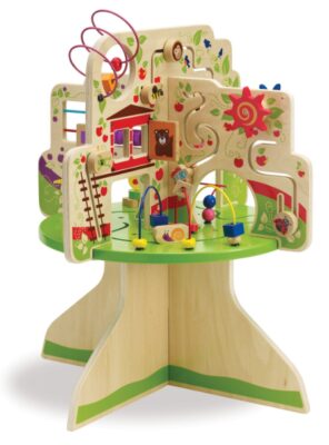 this is an image of a tree top adventure wood activity center for kids. 