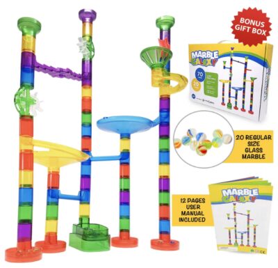 this is an image of a marble run set that includes 20-piece glass marbles and 70-piece building blocks. 