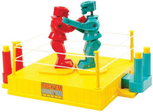 This is an image of Robot fighting figures in a ring fighting 