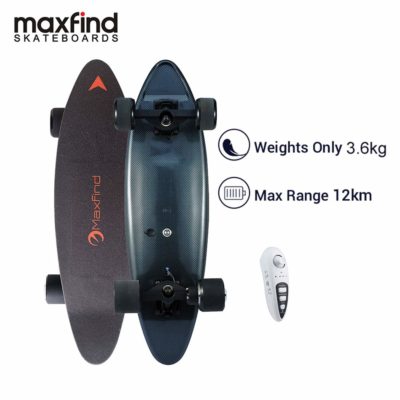 This is an image of a black electric penny board by Maxfind. 