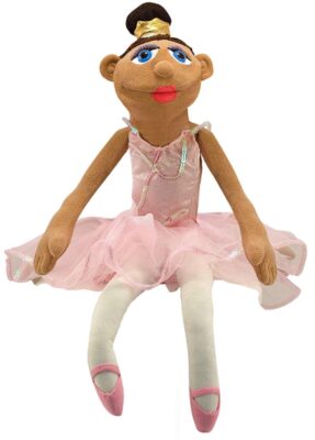 this is an image of a friendly ballerina hand puppet.