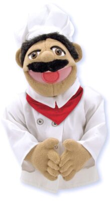this is an image of a friendly chef puppet with a detachable wooden rod. 