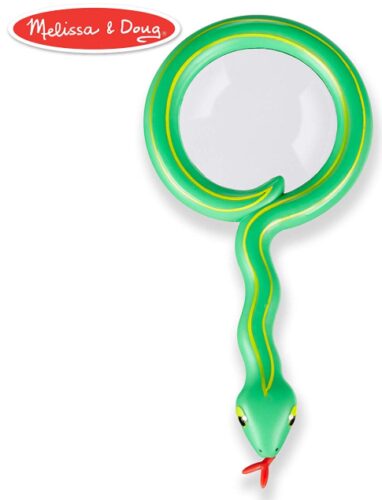 this is an image of a snake magnifying glass with shatterproof lens for kids ages 4 and up.