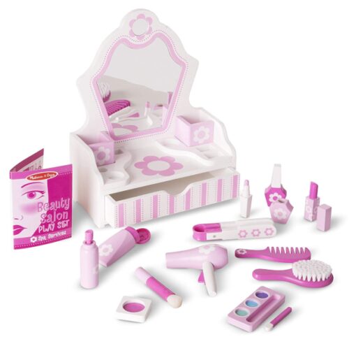 this is an image of a wooden salon play set for little girls ages 3 and up. 