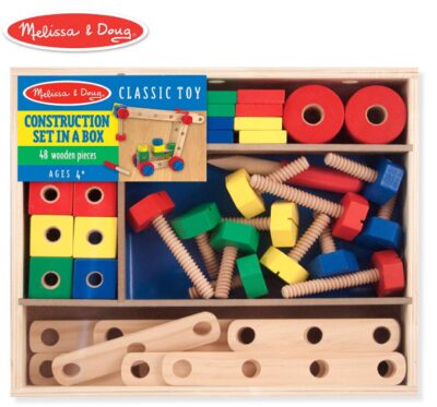 this is an image of a 48-piece wooden construction building set for kids. 