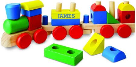 This is an image of kid's personalized stacking train in colorful colors