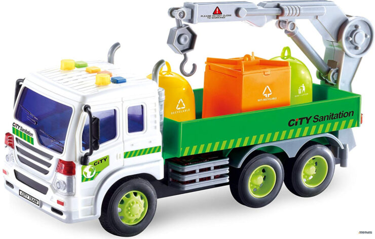 this is an image of a Memtes Friction Powered Garbage Crane Truck Toy with Lights and Sounds