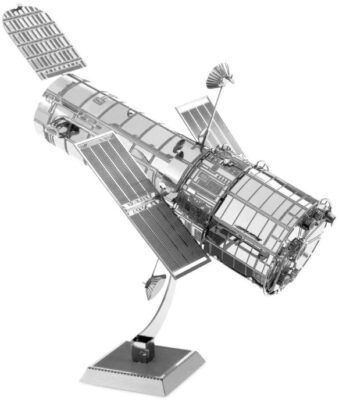 This is an image of kid's metal earth telescope construction toy in silver color