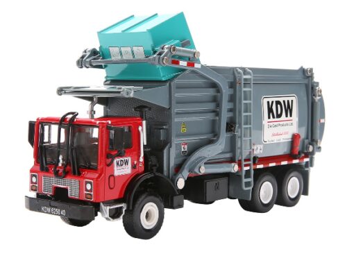 this is an image of a metal garbage truck toy vehicle for kids. 