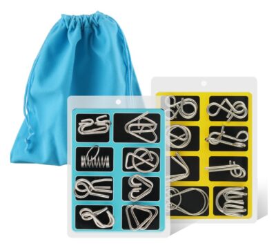 this is an image of a metal wire puzzle set with pouch for kids and adults. 