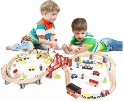 this is an image of kid's metropolis train set and table in multi-colored colors