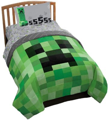 This is an image of minecraft creeper 4 piece twin bed set in green color