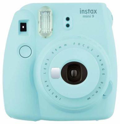 This is an image of a Fujifilm ice blue mini camera. 