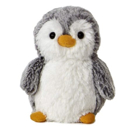 This is an image of a grey and white penguin plush toy. 
