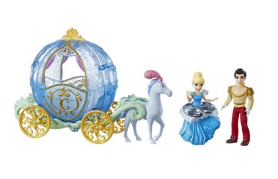 This is an image of a mini Cinderella and Prince Charming figures with horse and carriage. 