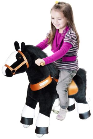 This is an image of kid's ponycycle ride on horse in black and white color