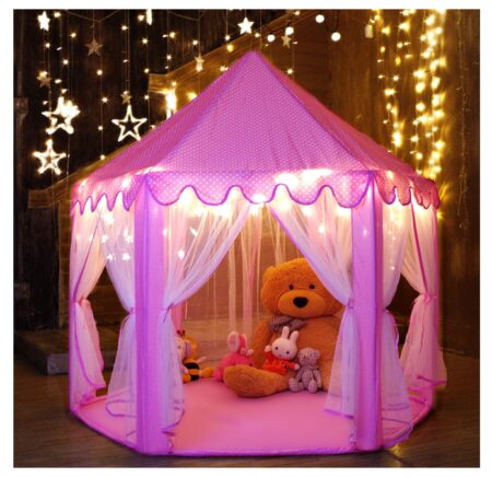 This is an image of a pink castle play tent for little girls. 