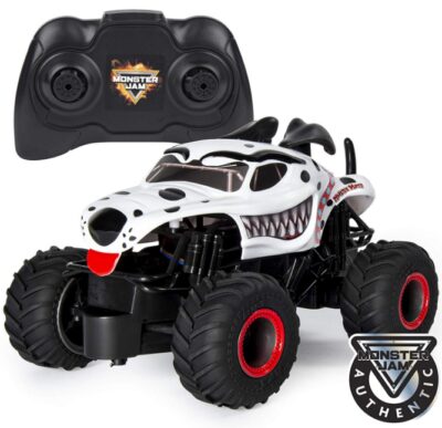 This is an image of Monster truck with remote control and dino design in black and white colors