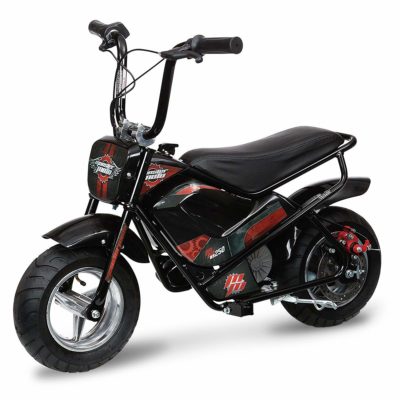 This is an image of a red and black e-mini bike for kids by Monster Moto. 