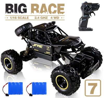 This is an image of Monster Truck with remote control and two batteries. black color