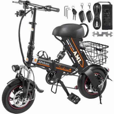 This is an image of a black folding ebike with basket, tools and accessories by Mophorn. 