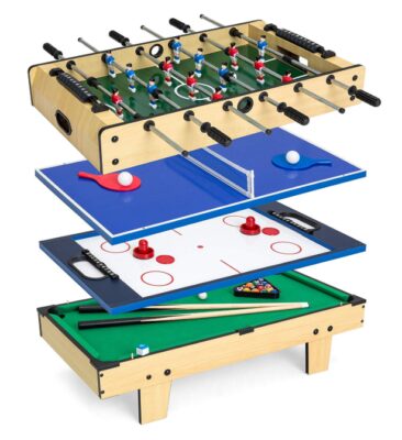 this is an imageof a multi arcade competition game table set for kids. 