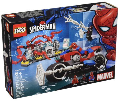 this is an image of a Multicolor Lego Marvel Spider-Man bike building set for kids. 