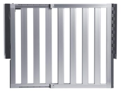 this is an image of an aluminum baby gate for stairs, doors and more. 