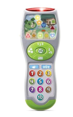 This is an image of a green musical remote toy for kids. 