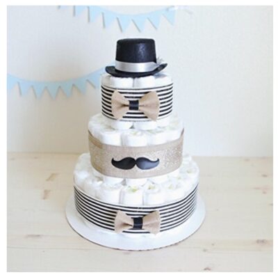 this is an image of a 3 tier diaper cake in gentleman mustache theme for baby boys. 