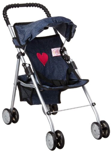This is an image of Doll stroller in blue color and a red heart 