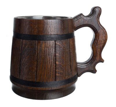 This is an image of a handmade oak wood mug. 