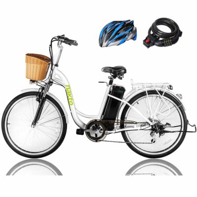 This is an image of an electric bike with helmet and bike lock. 