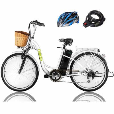 This is an image of a 26 inch folding electric bike with helmet and bicycle lock by NAKTO.