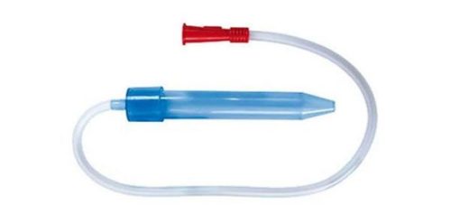 this is an image of a human suction nasal aspirator with red suction and a blue end.