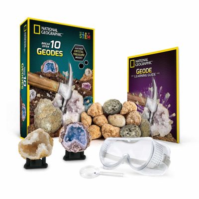 This is an image of a 10 piece geode rocks to break open activity kit for kids. 