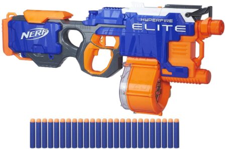 This is an image of kid's Nerf gun Fire blaster in orange and blue colors