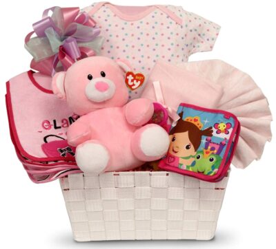 This is an image of newborn girl's basket items gift 