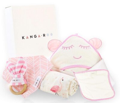 This is an image of baby girl's gift set in white and pink colors