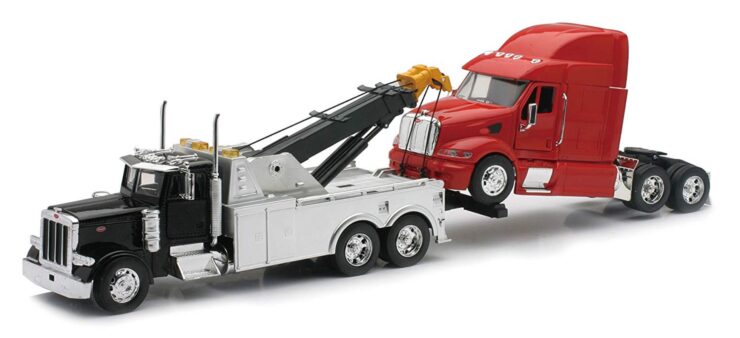 this is an image of the Newray Peterbilt Black Tow Truck with Red Peterbilt Cab Diecast Model