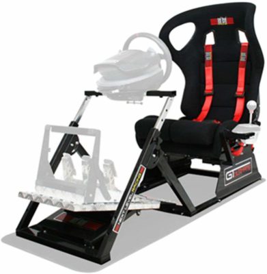 This is an image of a black GTultimate V2 racing simulator by Next Level Racing. 