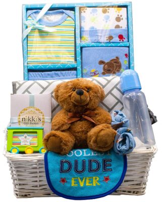 This is an image of babie's basket gift in blue color 
