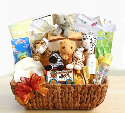 This is an image of boy's baby gift basket 
