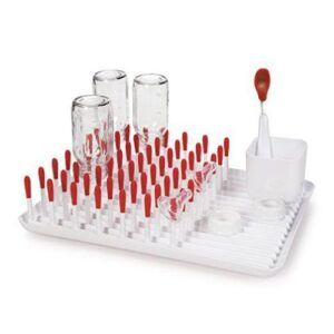 white and red OXO Tot Drying Rack for 3 Baby Bottles drying