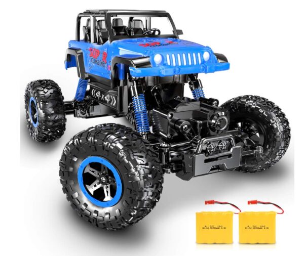  this is an image of a blue off road RC crawlers toy car for kids and adults. 
