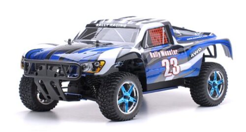  this is an image of a blue off road rally car for kids.