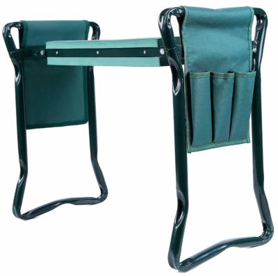 This is an image of a green kneeler and seat with side pockets. 