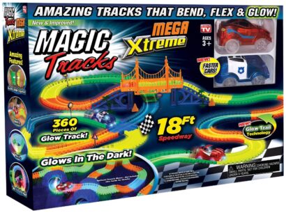 This is an image of kid's magic tracks mega extreme set, in flashy colors
