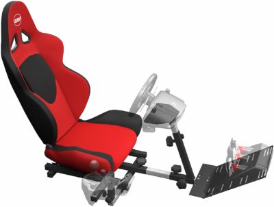 This is an image of a red and black racing simulation cockpit by OpenWheeler. 